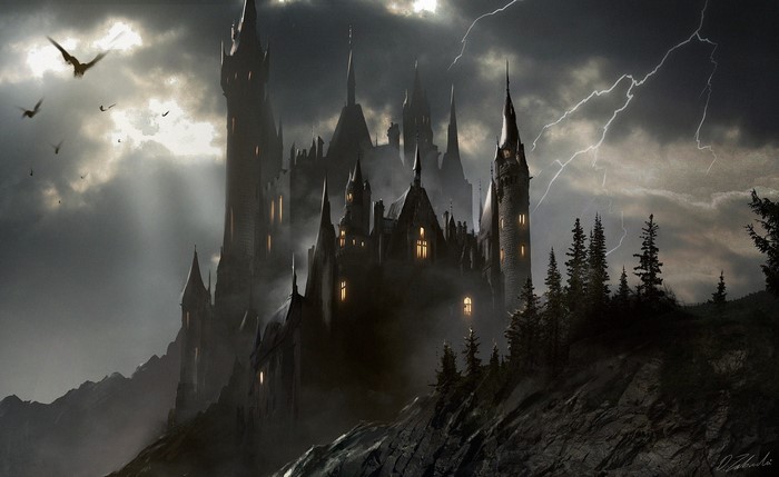 Dark fantasy castle with lightning and birds