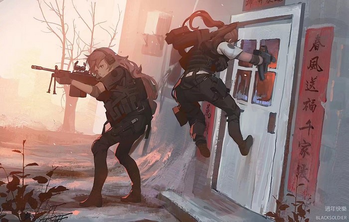 Anime girls with weapons in a post-apocalyptic setting