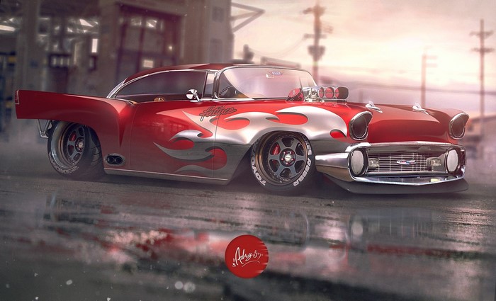 Red Chevrolet Bel Air with flames