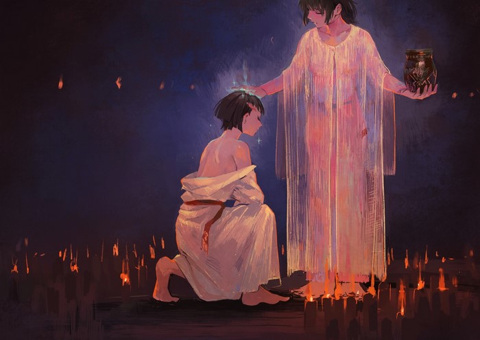 Anime artwork of two girls with candles