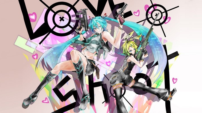 Hatsune Miku and Kagamine Rin with guns