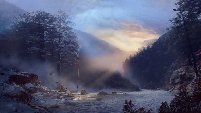 Winter scene with animals by a river
