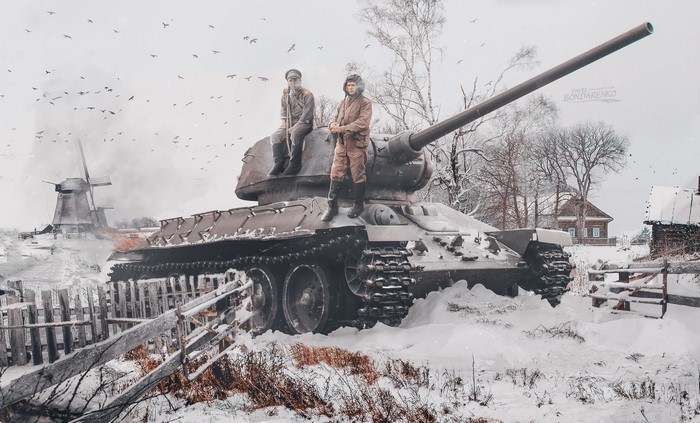 Two soldiers on a T-34-85 tank in a snowy landscape