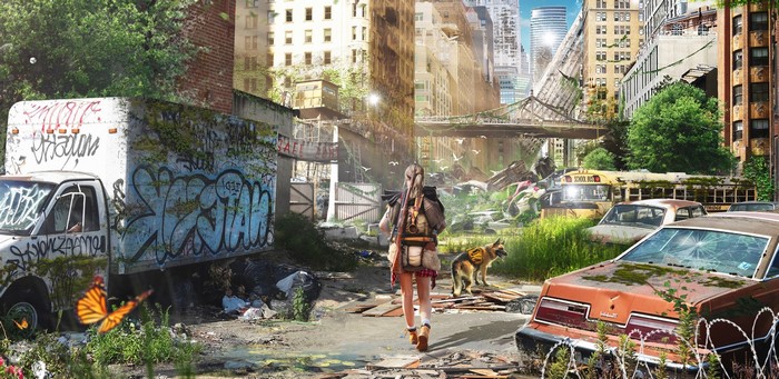 Apocalyptic cityscape with a girl and a dog