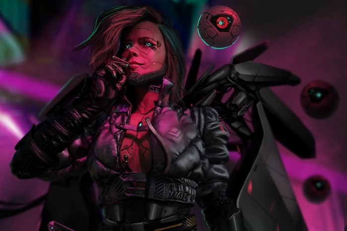 Futuristic cyborg woman with drones and wings