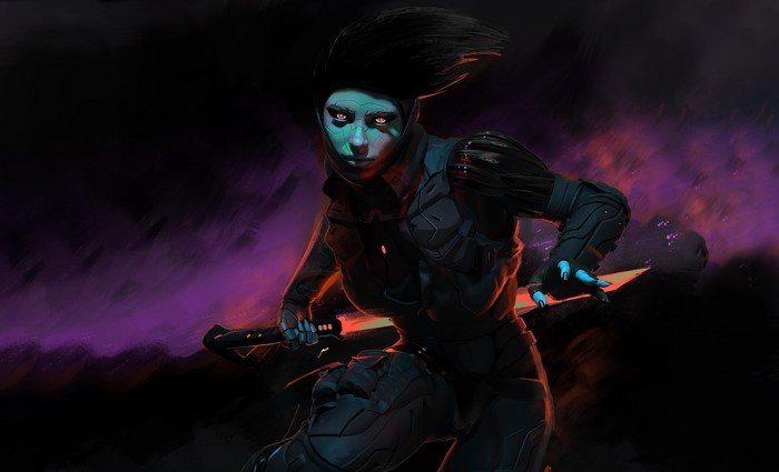Futuristic cyborg warrior with glowing eyes and swords
