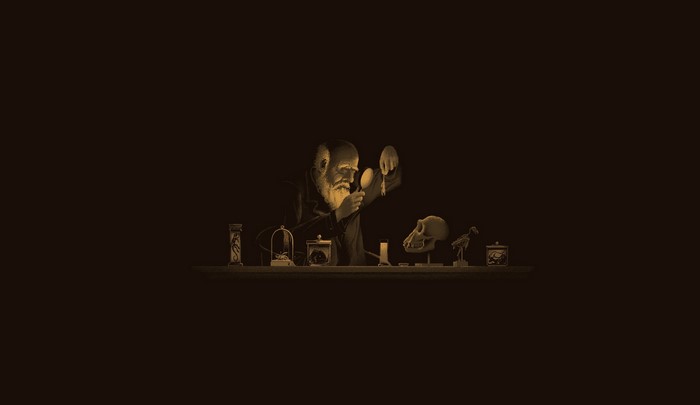 Charles Darwin examining specimens