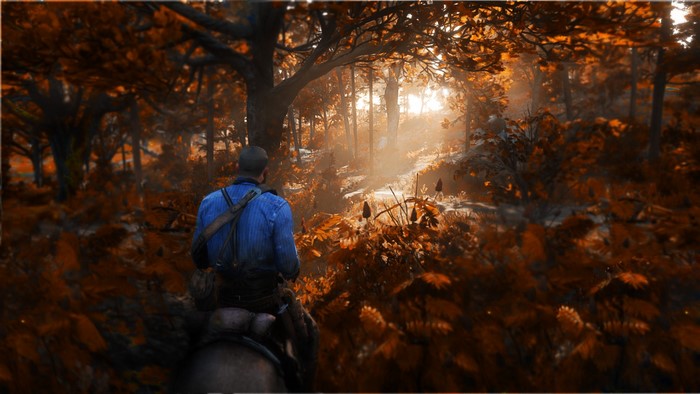 Man on horseback in Red Dead Redemption 2 forest