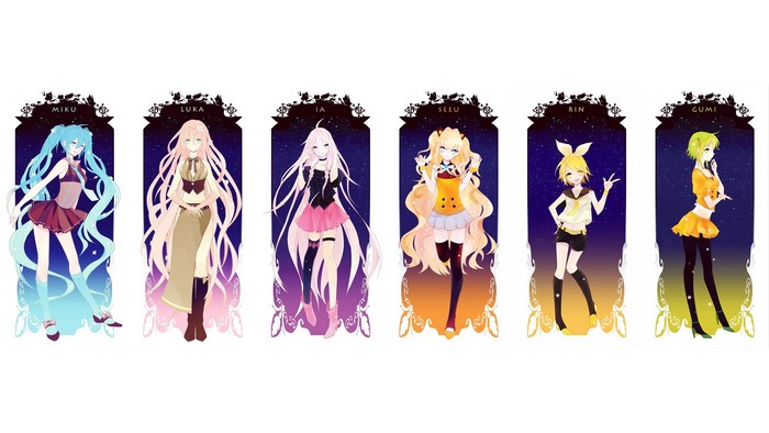 Vocaloid characters Miku, Luka, IA, SeeU, Rin, and Gumi