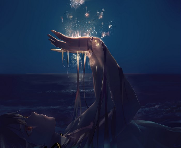 Anime girl with fireworks over the sea at night