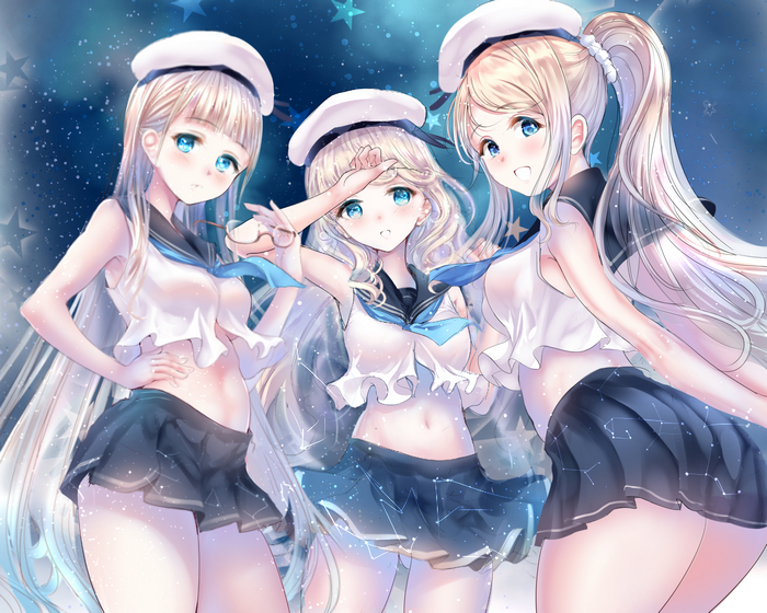 Three anime girls in sailor uniforms under a starry sky