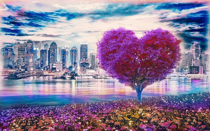 Heart Tree in Cityscape Digital Art