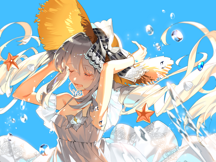 Anime girl with hat and seashells in water
