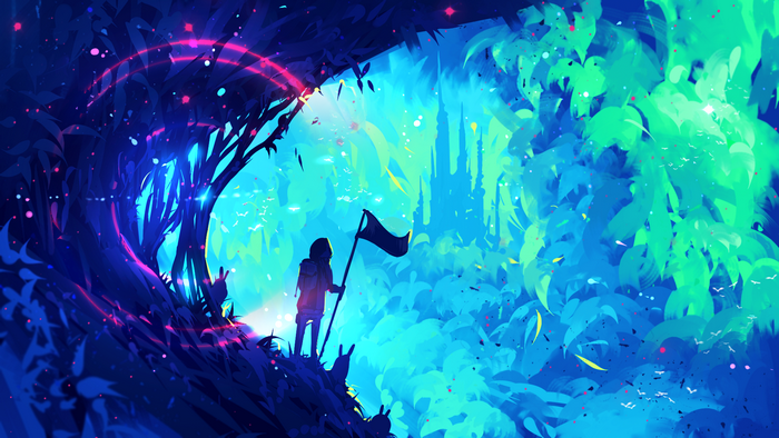 Person with flag in fantasy forest with castle