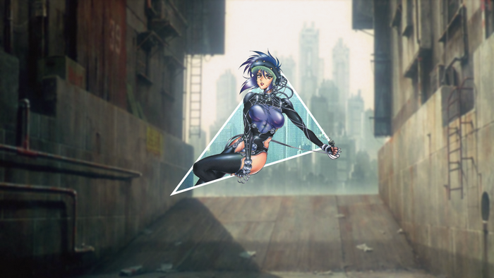 Motoko Kusanagi from Ghost in the Shell in a futuristic city