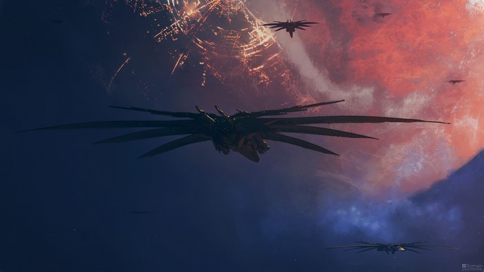Spaceships near a glowing planet in digital art