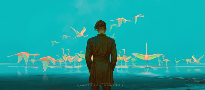 Artwork by Valentina Remenar featuring a man and flamingos
