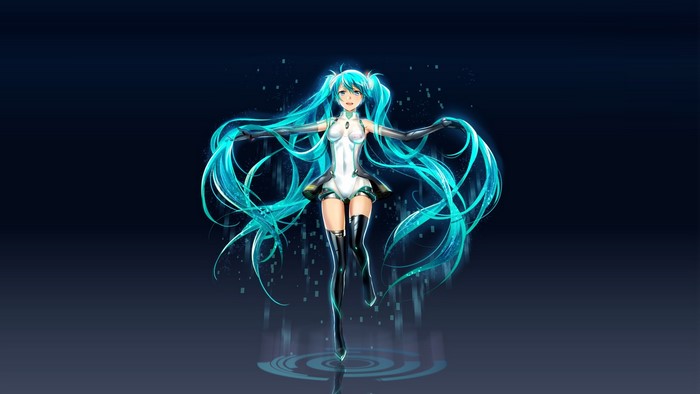 Hatsune Miku from Vocaloid with long cyan twintails