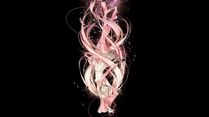 Sakura Miku from Vocaloid falling with pink ribbons