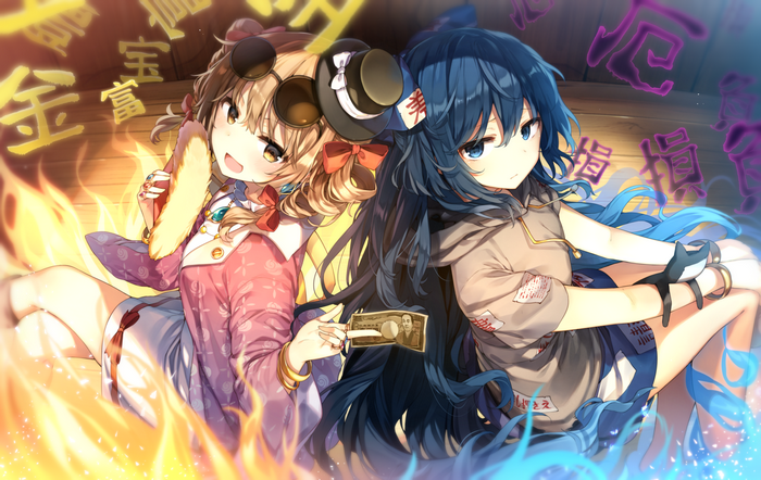 Two anime girls with blue hair and blonde hair