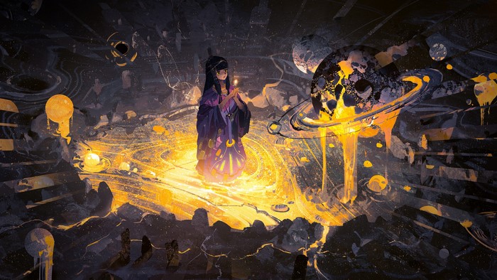 Anime girl holding a candle in a cosmic landscape