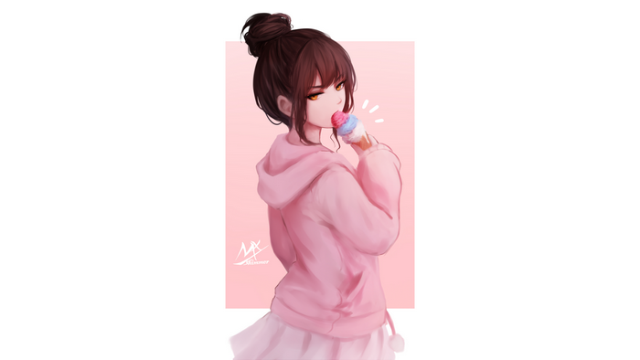 Anime girl with hairbun eating ice cream