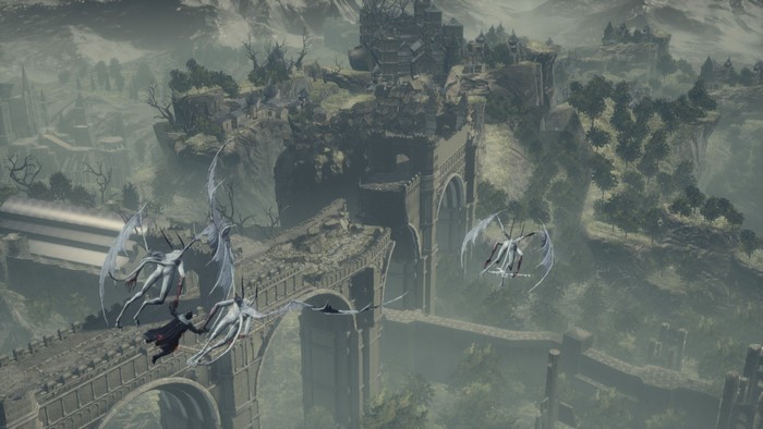 Dark Souls 3 character fighting winged creatures over bridge
