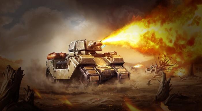 Tank firing flamethrower in a warzone