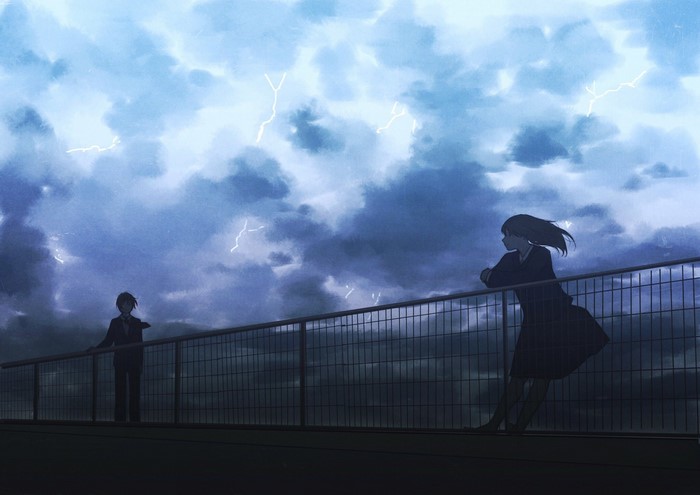 Anime characters on a bridge during a thunderstorm