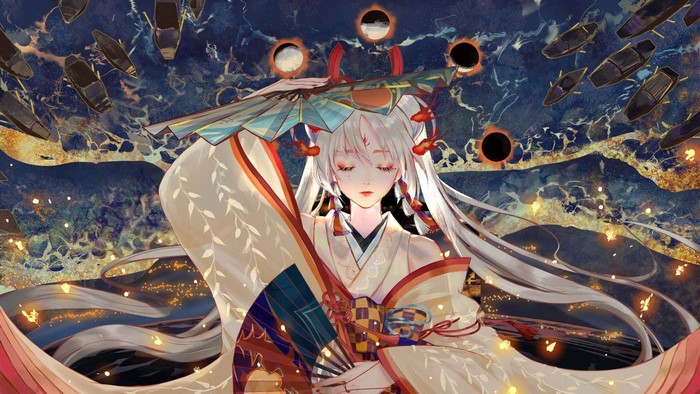 Anime girl in kimono with fan and boats