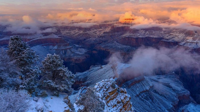 Grand Canyon National Park in Winter with Snow and Clouds