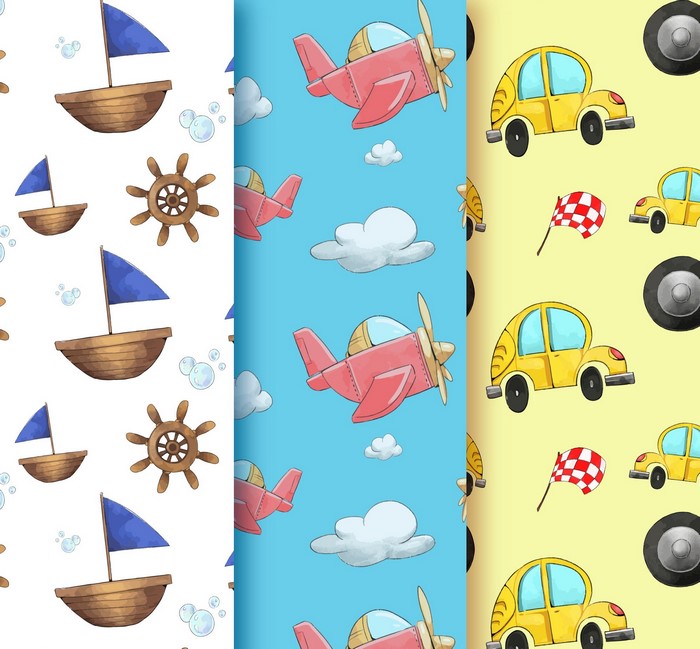 Seamless patterns of cartoon vehicles and nautical elements