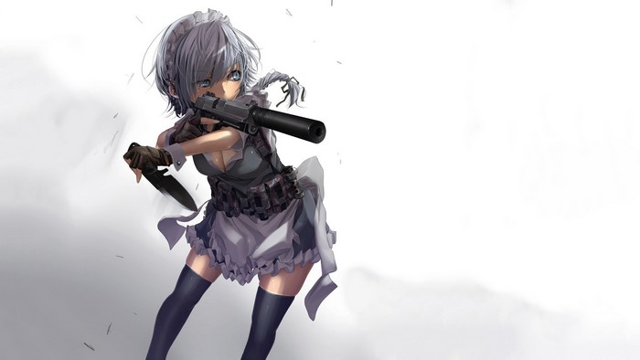 Izayoi Sakuya from Touhou holding a gun and knife