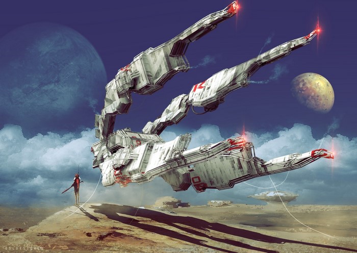 Science fiction artwork of a large spaceship and a person
