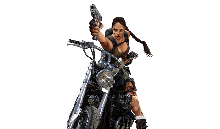 Lara Croft on a motorcycle with guns