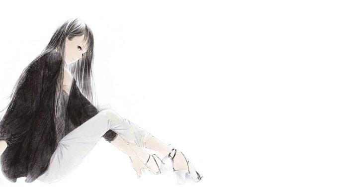 Anime girl with long black hair sitting