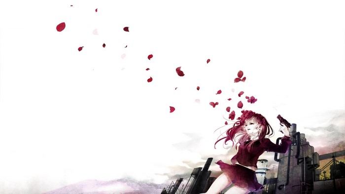 Anime girl in school uniform with a pistol and falling petals