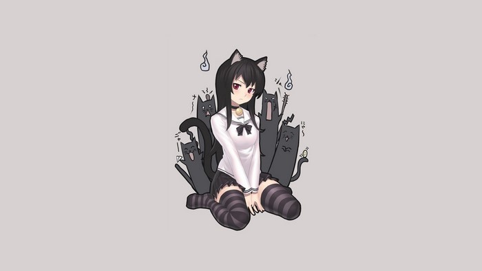 Anime girl with cat ears and tail surrounded by cats