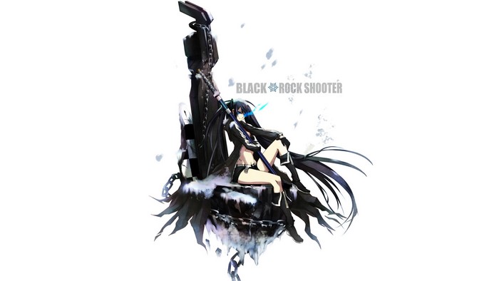 Black Rock Shooter sitting on a throne with a large weapon