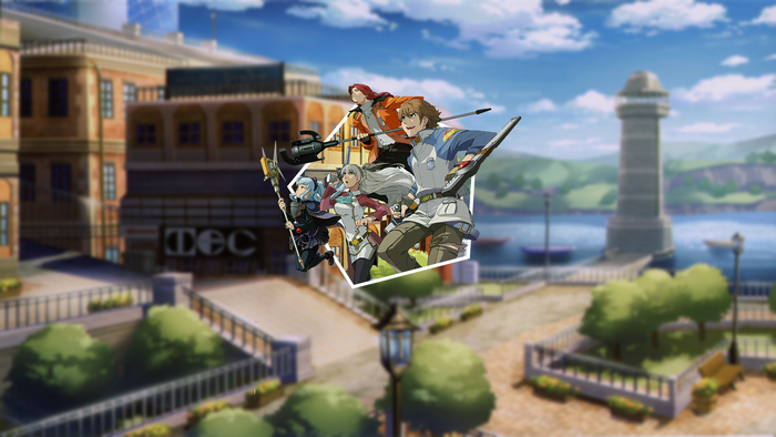 Anime characters with weapons in a town by the sea