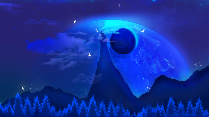Futuristic blue planet and galaxy landscape with birds