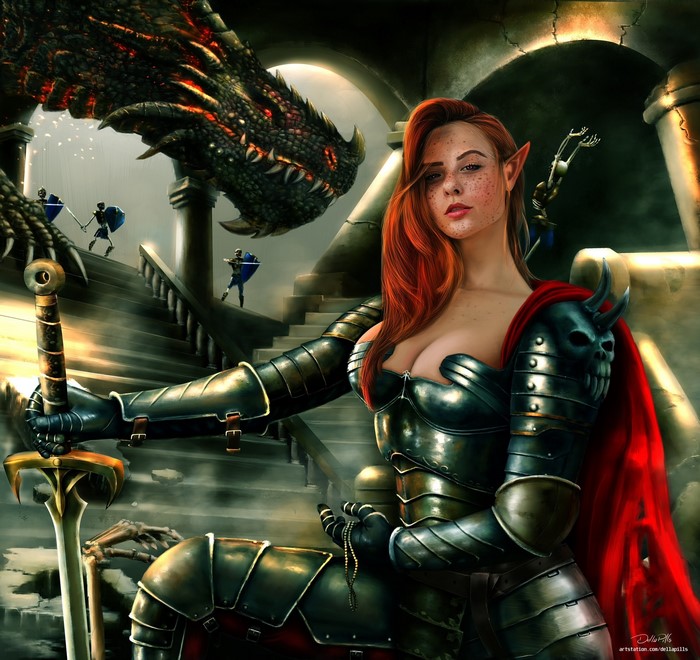 Redhead elf warrior with dragon and knights in castle