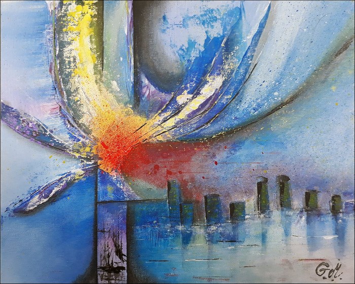 Abstract painting with blue, yellow, and red colors