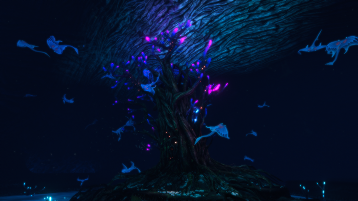 Subnautica screenshot of a bioluminescent tree and creatures