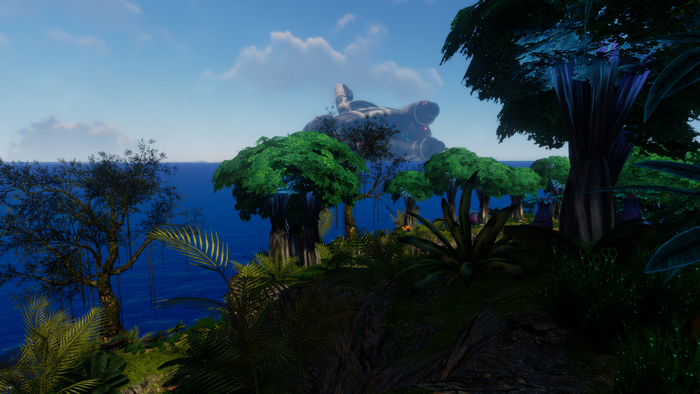 Subnautica screenshot of alien landscape with crashed ship