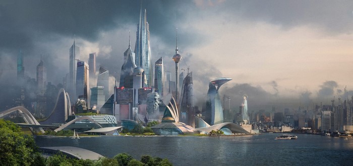 Futuristic city skyline with modern architecture and clouds