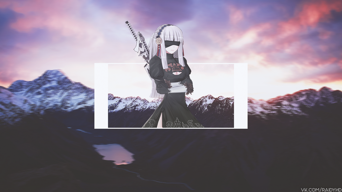 2B from Nier: Automata with sword and mountains