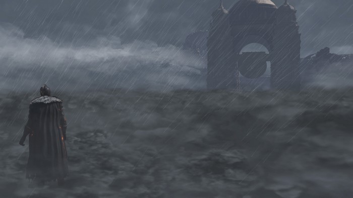 Dark Souls 3 character in rain before a large structure