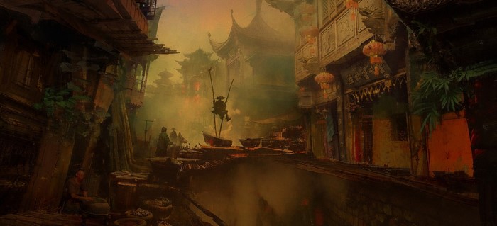 Fantasy Asian city with traditional architecture and boats