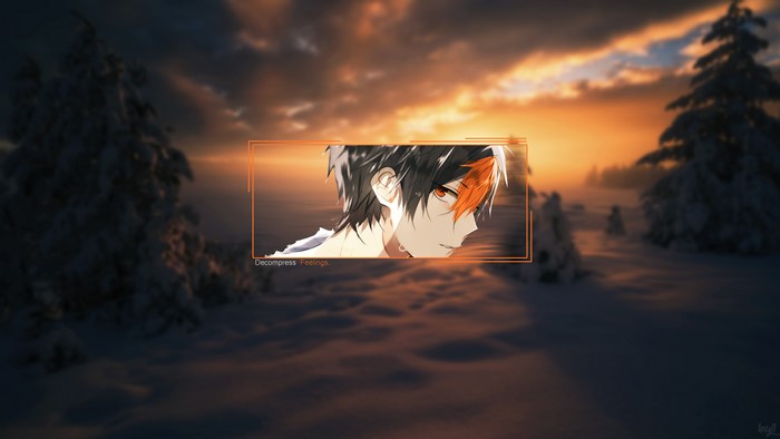 Anime boy with orange eyes in winter landscape